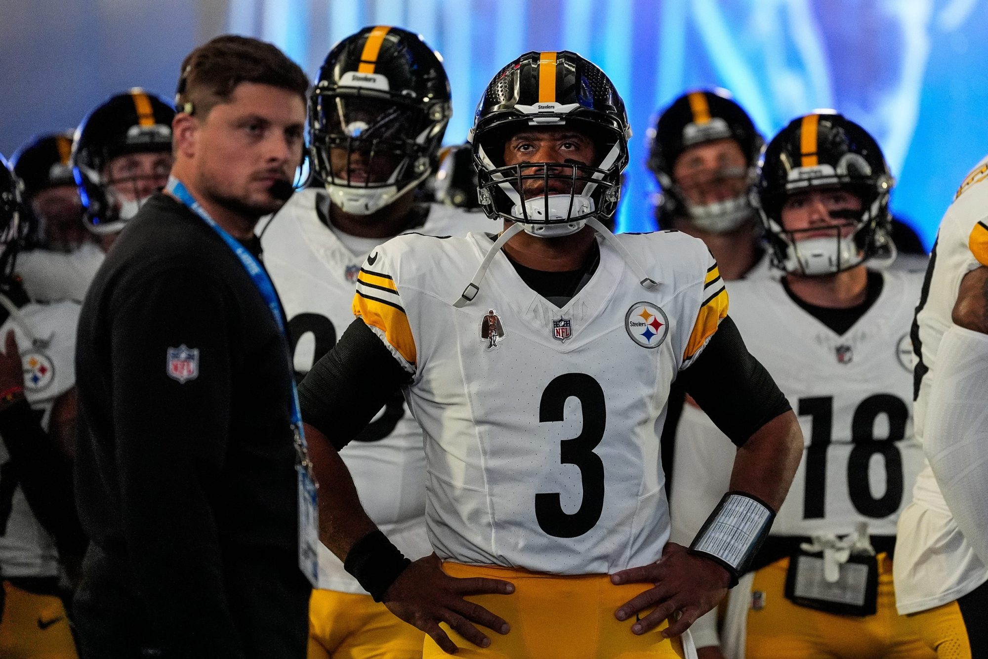 Pittsburgh Steelers quarterback Russell Wilson (3) ready to take the field against Detroit Lions during the first half of a preseason game at Ford Field in Detroit on Saturday, August 24, 2024.