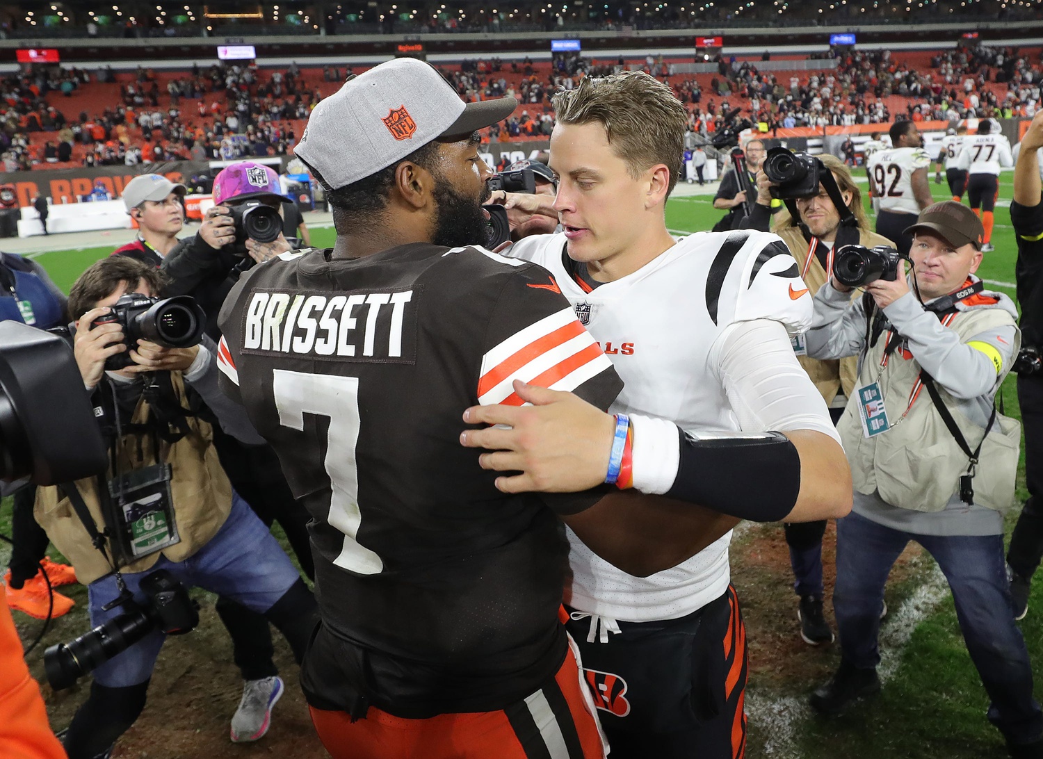 Browns quarterback Jacoby Brissett hugs Bengals quarterback Joe Burrow after a game Monday, Oct. 31, 2022, in Cleveland.