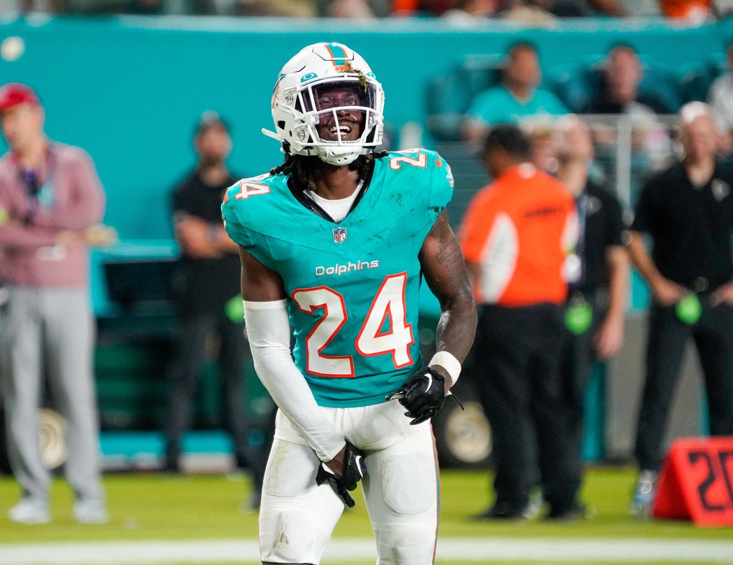 Miami Dolphins cornerback Cam Smith (24) grimaces during the fourth quarter of a preseason game at Hard Rock Stadium on Friday, August 11, 2023, in Miami Gardens, FL.