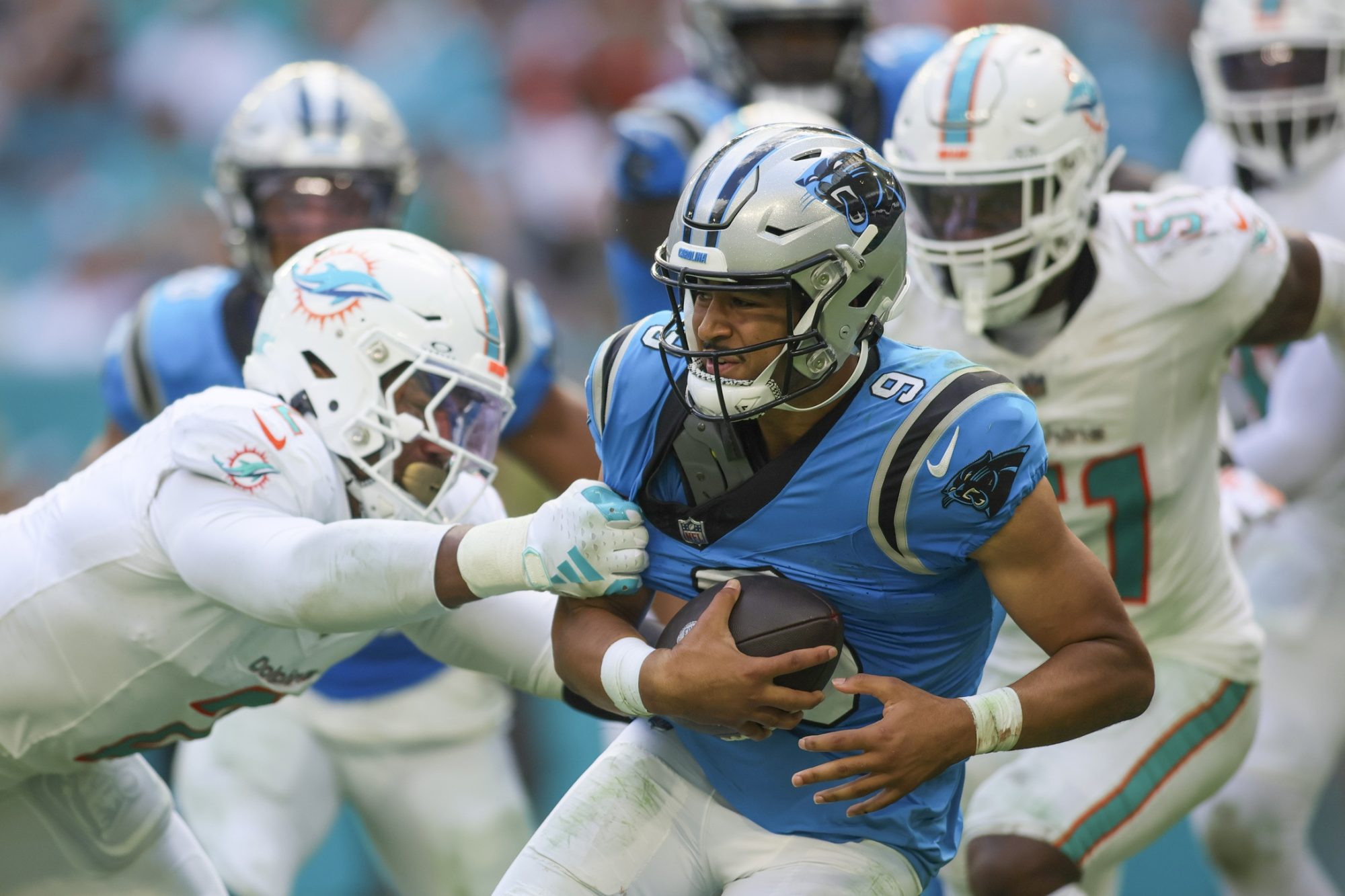 Oct 15, 2023; Miami Gardens, Florida, USA; Carolina Panthers quarterback Bryce Young (9) is sacked by Miami Dolphins linebacker Bradley Chubb (2) during the fourth quarter at Hard Rock Stadium.