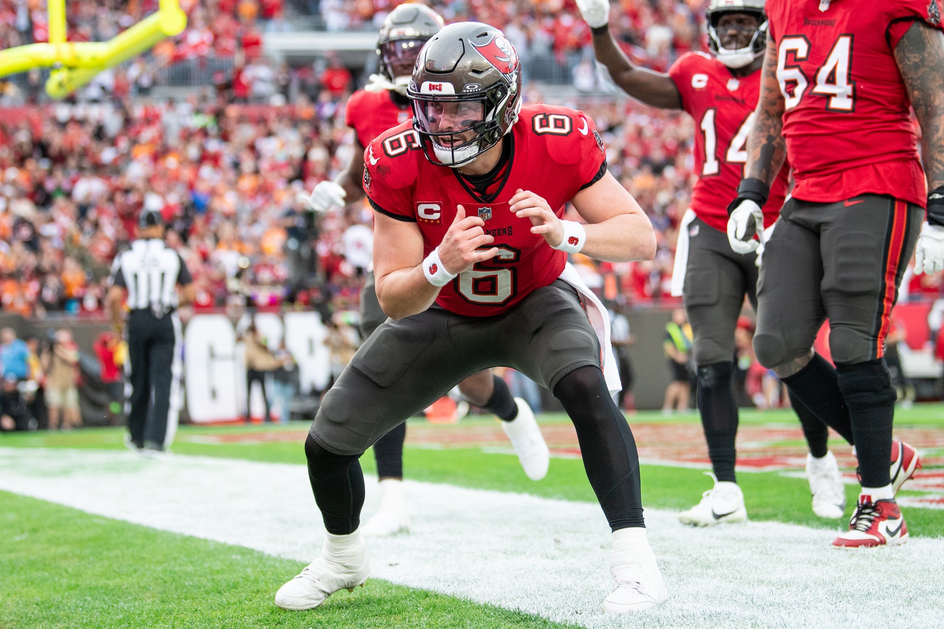 Dec 24, 2023; Tampa, Florida, USA; Tampa Bay Buccaneers quarterback Baker Mayfield (6) celebrates the touchdown against the Jacksonville Jaguars in the second quarter at Raymond James Stadium.