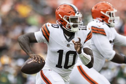 Aug 10, 2024; Cleveland, Ohio, USA; Cleveland Browns quarterback Tyler Huntley (10) runs the ball as he looks for an available receiver against the Green Bay Packers during the second quarter at Cleveland Browns Stadium.