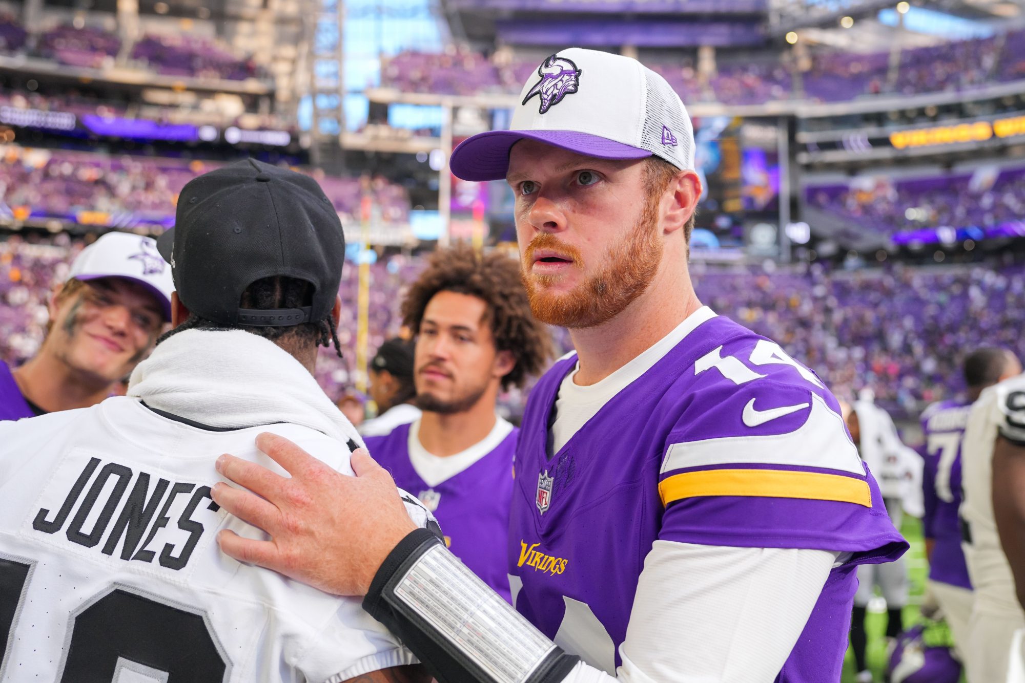 Aug 10, 2024; Minneapolis, Minnesota, USA; Minnesota Vikings quarterback Sam Darnold (14) after the game against the Las Vegas Raiders at U.S. Bank Stadium.