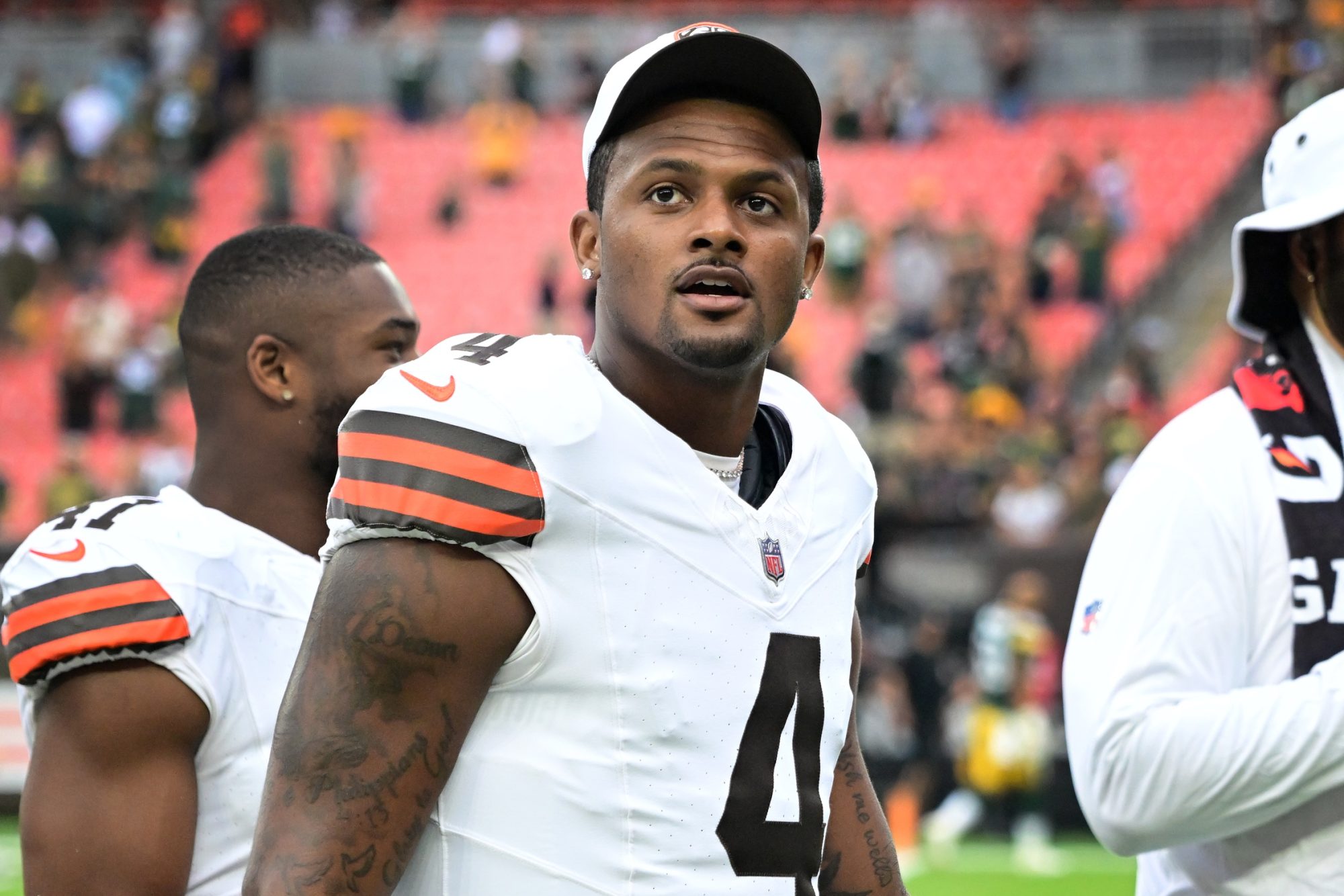 Aug 10, 2024; Cleveland, Ohio, USA; Cleveland Browns quarterback Deshaun Watson (4) after the game against the Green Bay Packers at Cleveland Browns Stadium.