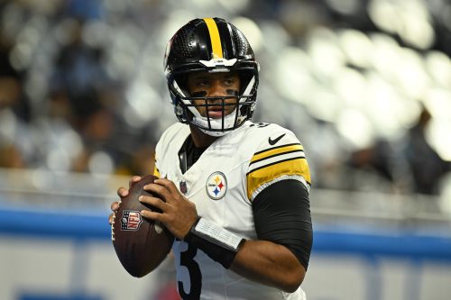 Aug 24, 2024; Detroit, Michigan, USA; Pittsburgh Steelers quarterback Russell Wilson (3) warms up before their game against the Detroit Lions at Ford Field.