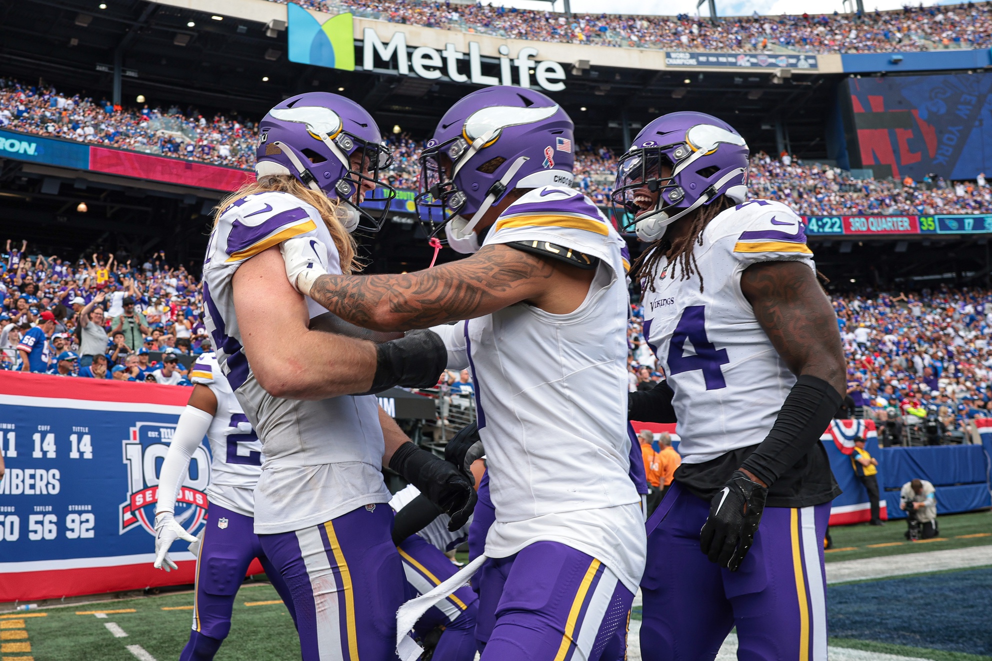 Sep 8, 2024; East Rutherford, New Jersey, USA; Minnesota Vikings linebacker Andrew Van Ginkel (43) celebrates his interception return for a touchdown against the New York Giants during the second half at MetLife Stadium.