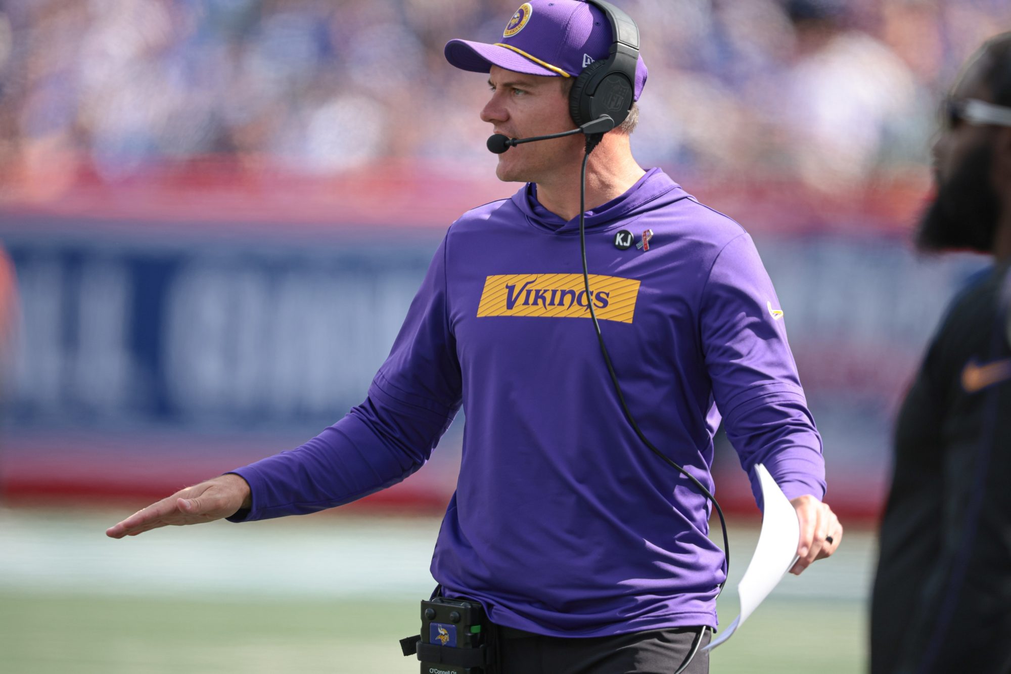 Sep 8, 2024; East Rutherford, New Jersey, USA; Minnesota Vikings head coach Kevin O'Connell reacts during the second half against the New York Giants at MetLife Stadium.