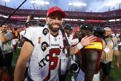 Sep 8, 2024; Tampa, Florida, USA; Tampa Bay Buccaneers quarterback Baker Mayfield (6) celebrates after beating the Washington Commanders at Raymond James Stadium.