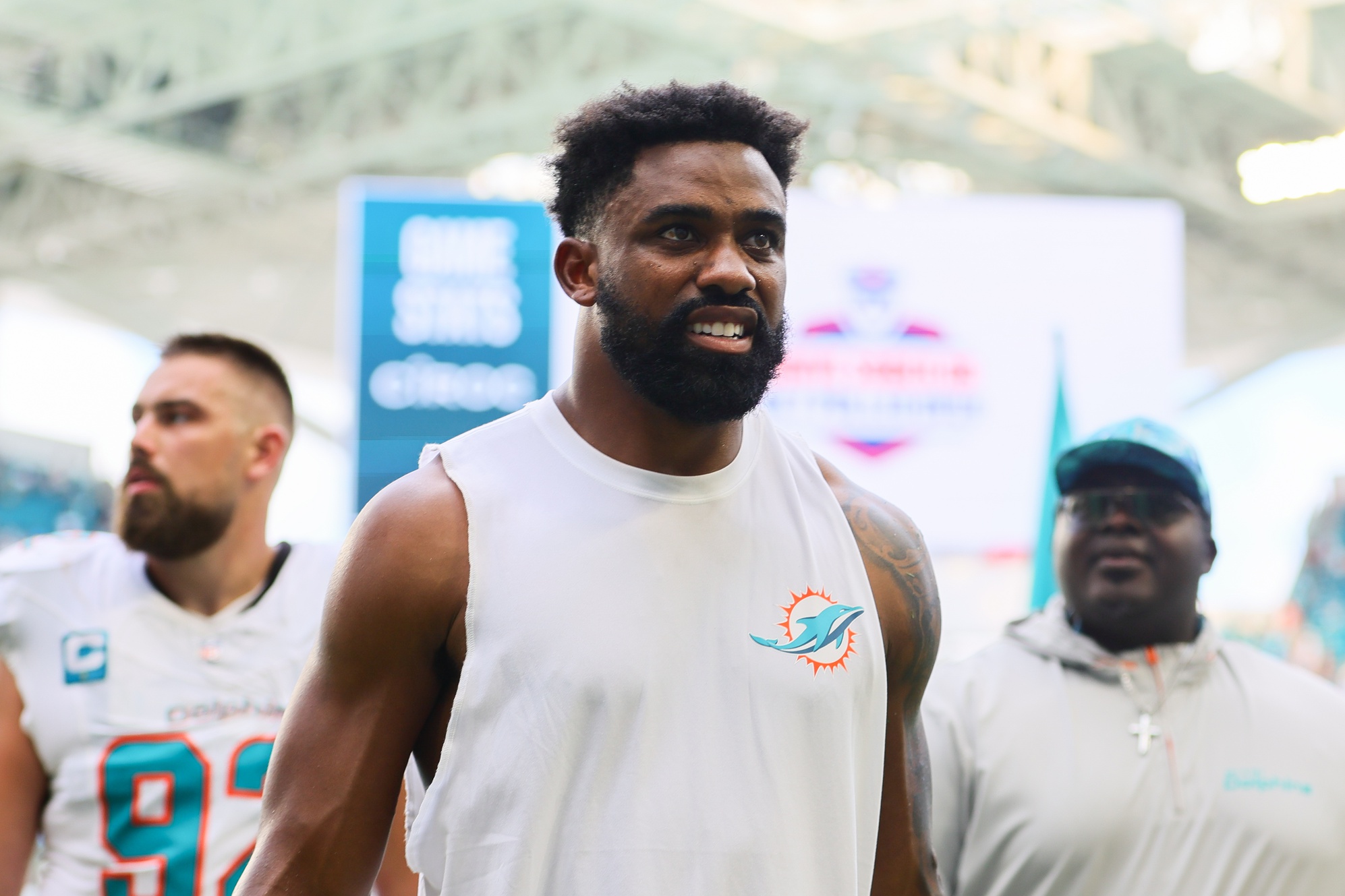 Sep 8, 2024; Miami Gardens, Florida, USA; Miami Dolphins running back Raheem Mostert (31) looks on after the game against the Jacksonville Jaguars at Hard Rock Stadium.