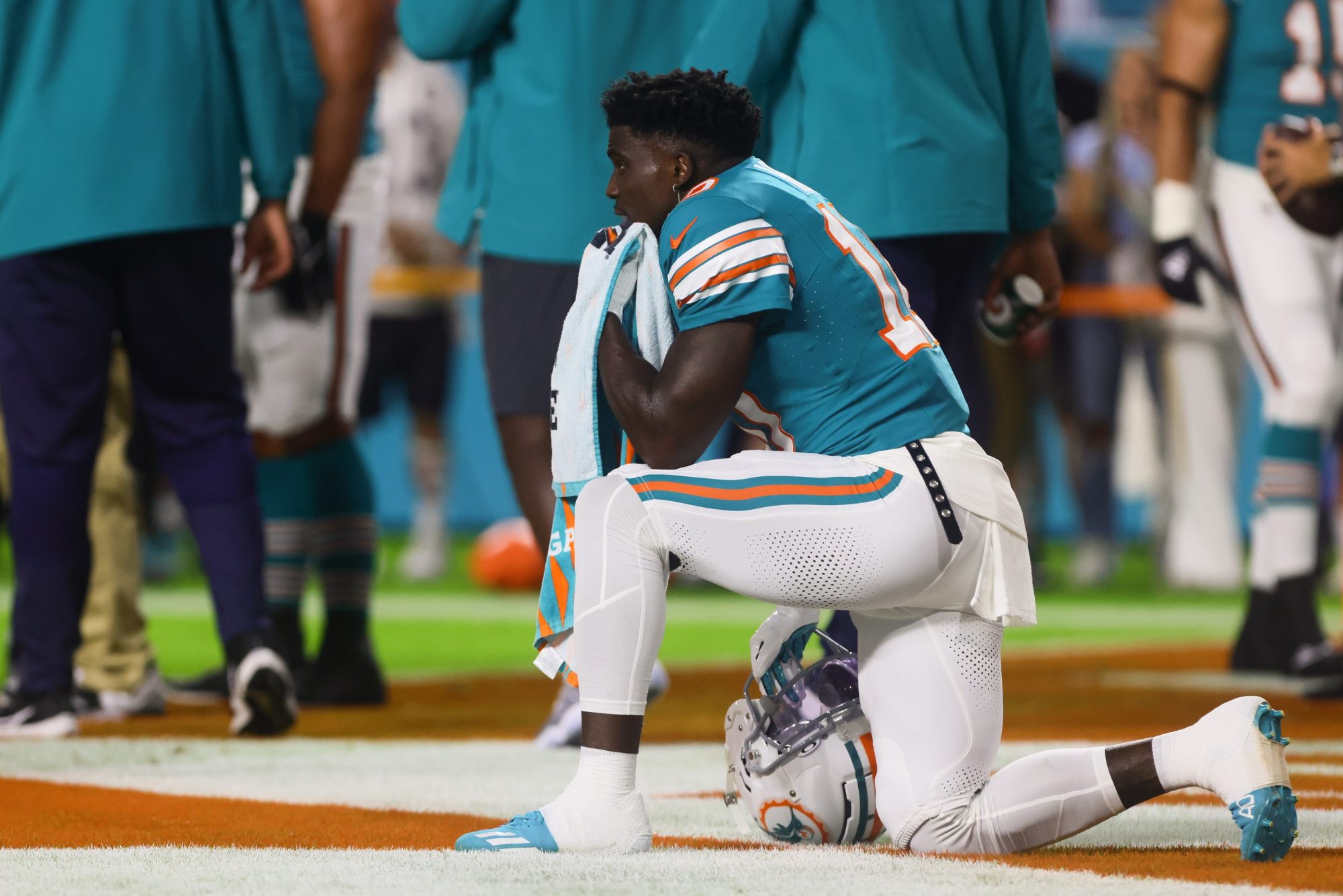 Sep 12, 2024; Miami Gardens, Florida, USA; Miami Dolphins wide receiver Tyreek Hill (10) looks on from the field before the game against the Buffalo Bills at Hard Rock Stadium.