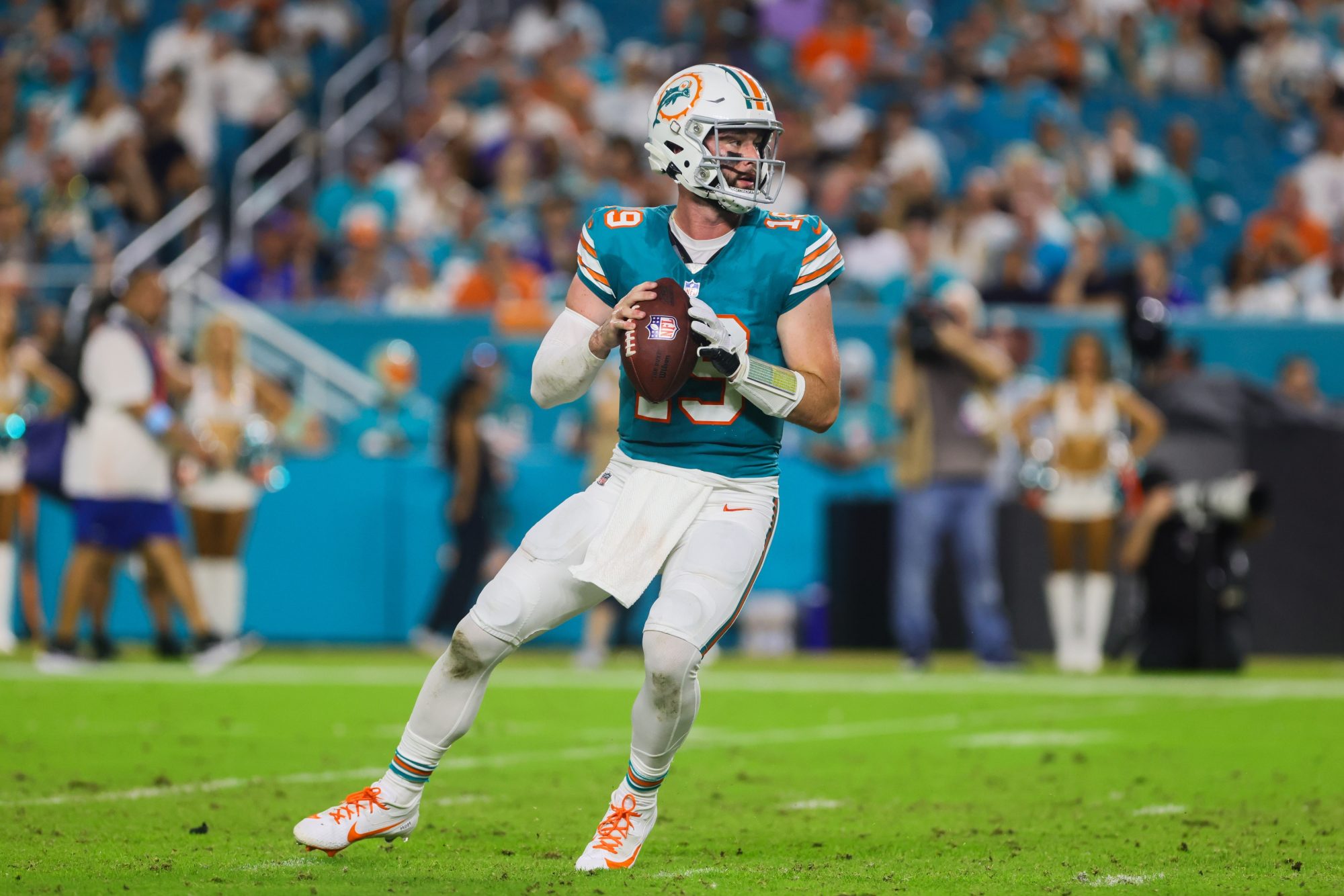 Sep 12, 2024; Miami Gardens, Florida, USA; Miami Dolphins quarterback Skylar Thompson (19) looks for a passing option against the Buffalo Bills during the fourth quarter at Hard Rock Stadium.