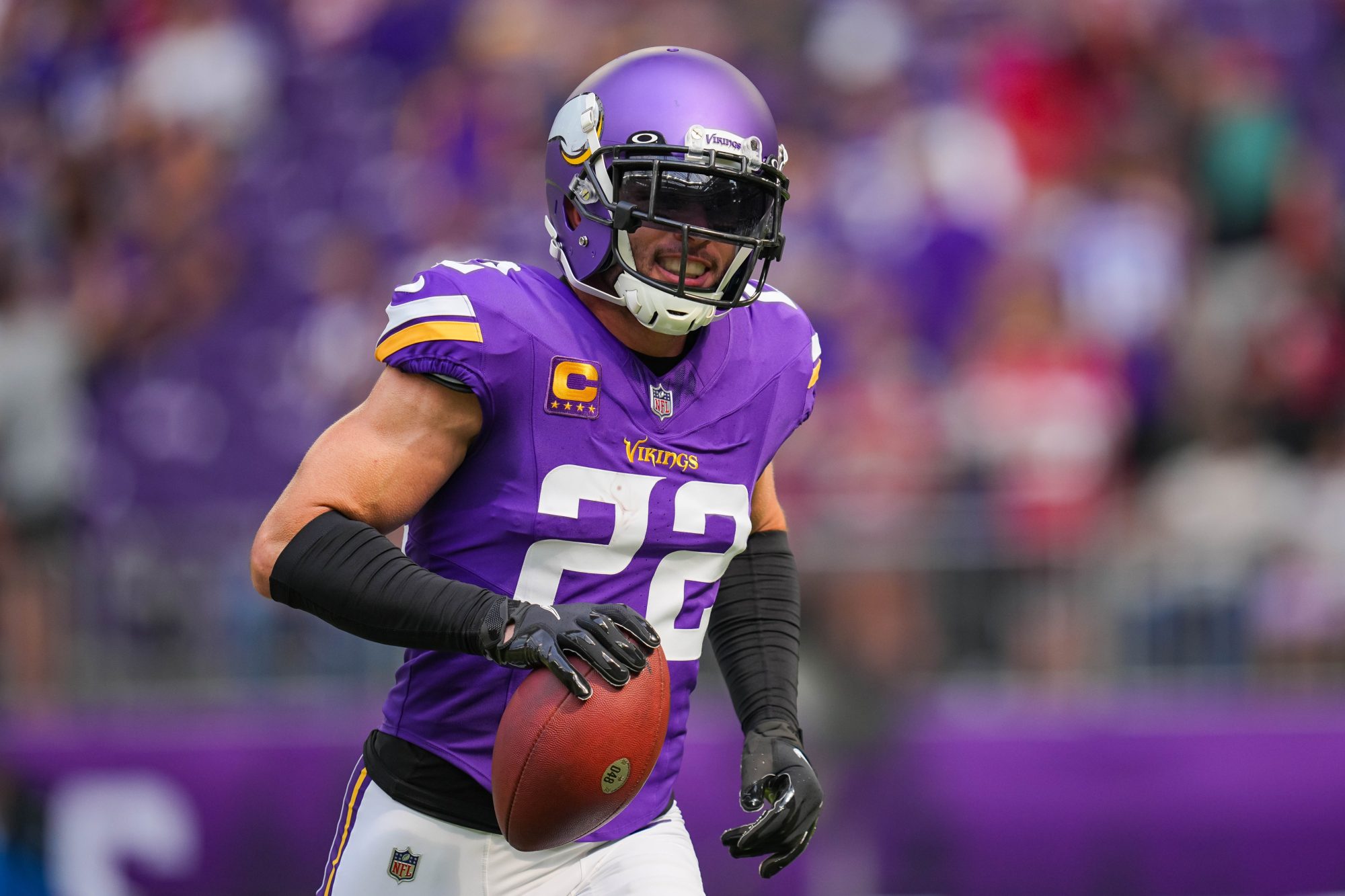 Sep 15, 2024; Minneapolis, Minnesota, USA; Minnesota Vikings safety Harrison Smith (22)warms up before the game against the San Francisco 49ers at U.S. Bank Stadium.