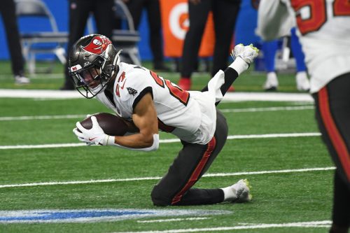 Sep 15, 2024; Detroit, Michigan, USA; Tampa Bay Buccaneers cornerback Zyon McCollum (27) intercepts a pass from Detroit Lions quarterback Jared Goff (not pictured) in the first quarter at Ford Field.