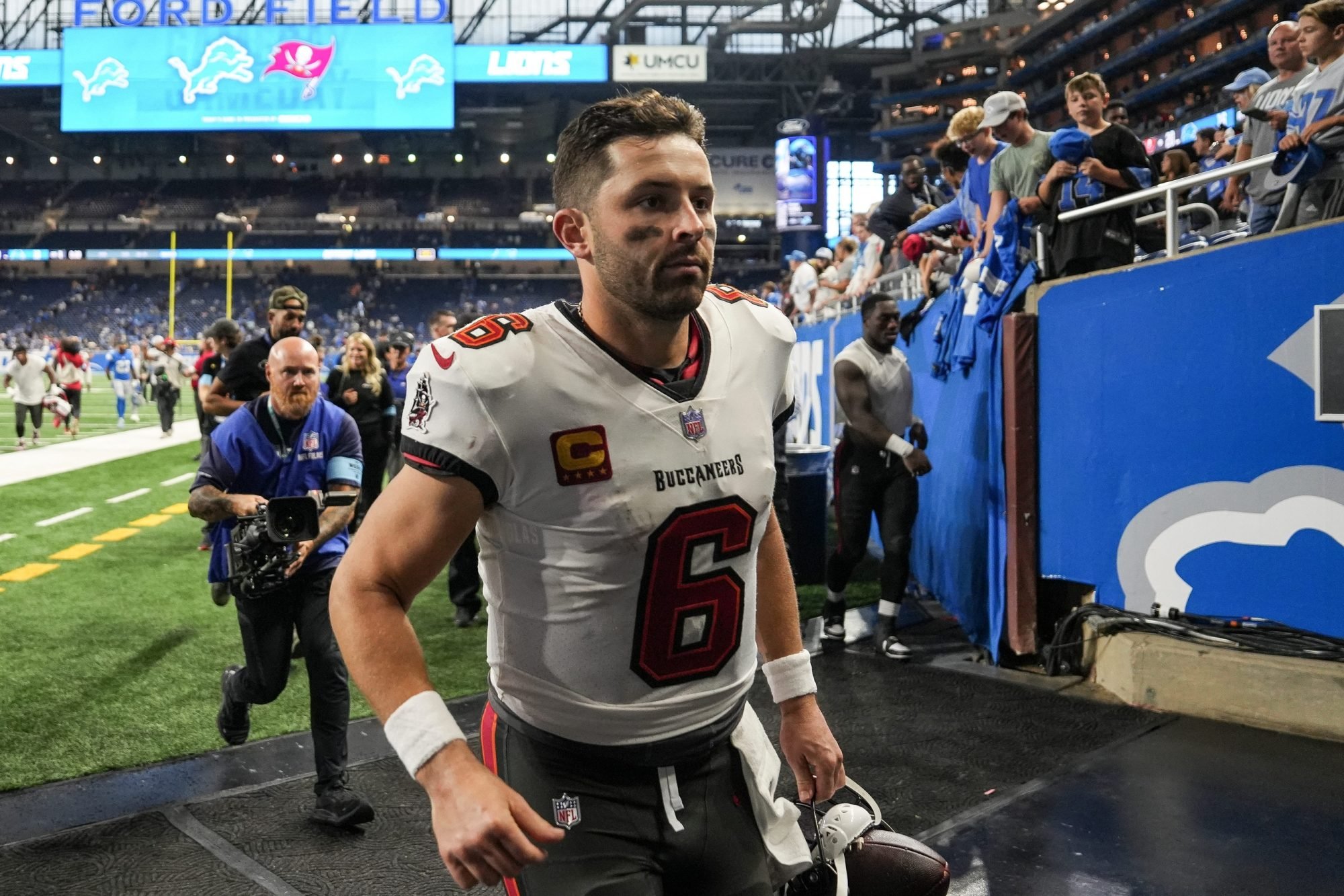 Tampa Bay Buccaneers quarterback Baker Mayfield (6) exits the field after 20-16 win over Detroit Lions at Ford Field in Detroit on Sunday, September 15, 2024.