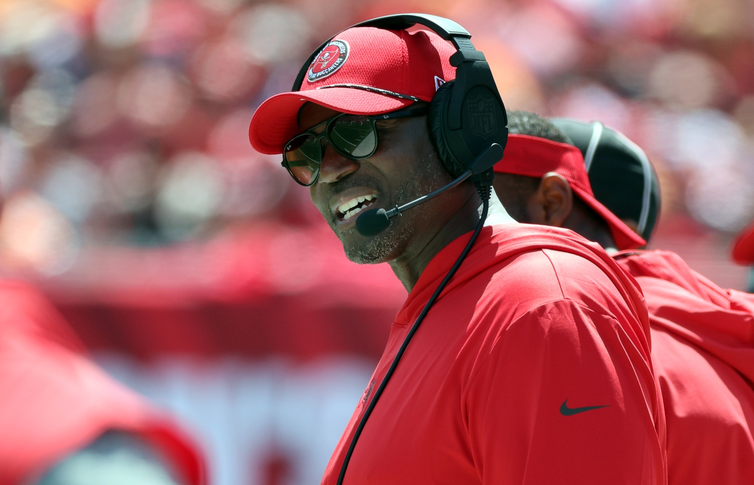 Sep 22, 2024; Tampa, Florida, USA; Tampa Bay Buccaneers head coach Todd Bowles looks on against the Denver Broncos during the first quarter at Raymond James Stadium.