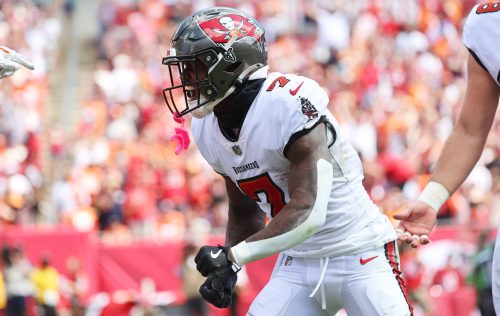 Sep 22, 2024; Tampa, Florida, USA; Tampa Bay Buccaneers running back Bucky Irving (7) celebrates during the first half against the Denver Broncos at Raymond James Stadium.