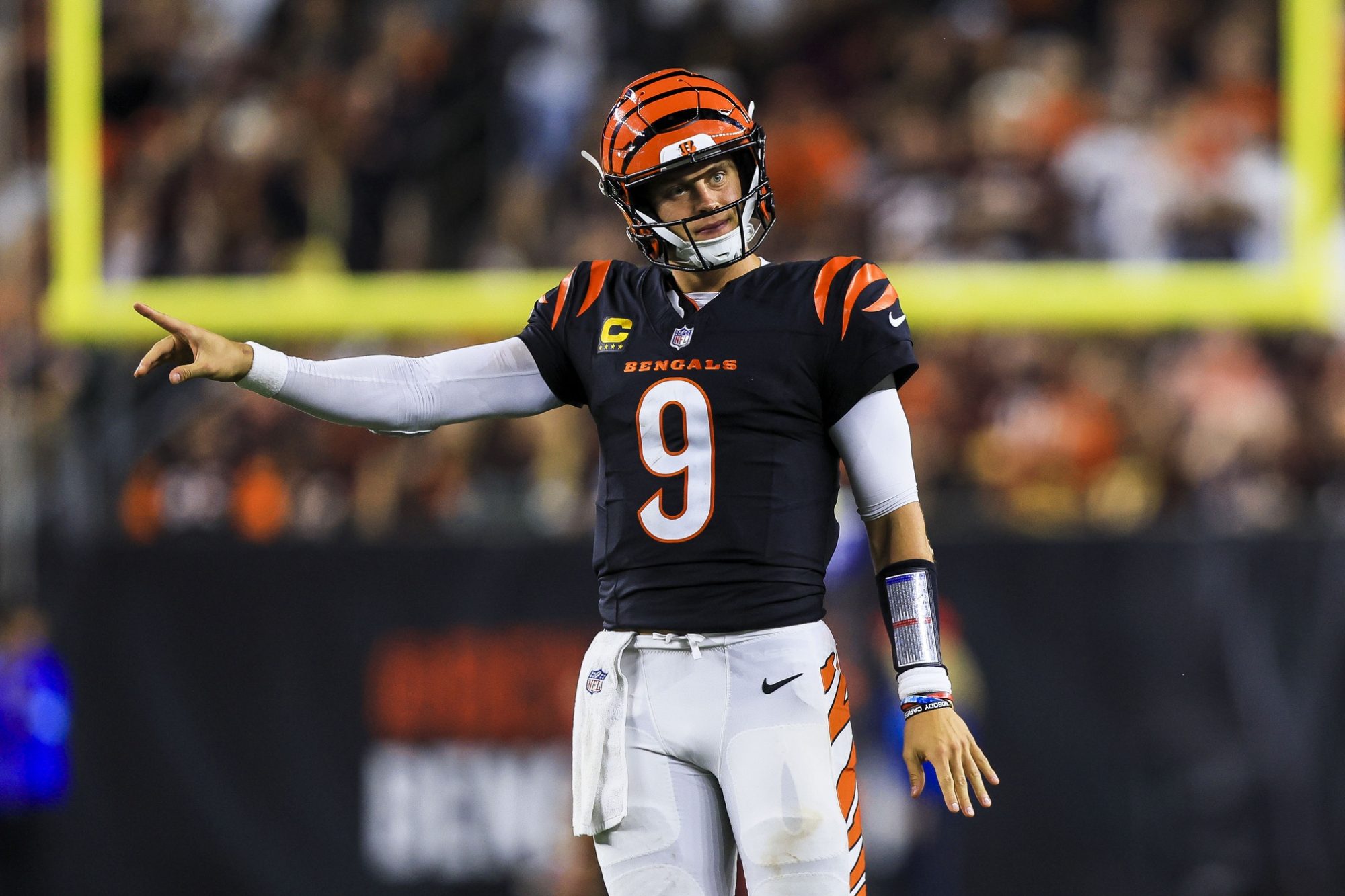 Sep 23, 2024; Cincinnati, Ohio, USA; Cincinnati Bengals quarterback Joe Burrow (9) reacts after a play against the Washington Commanders in the second half at Paycor Stadium.