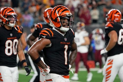 Cincinnati Bengals wide receiver Ja'Marr Chase (1) walks toward the sideline as the Bengals lose to the Washington Commanders during Monday Night Football September 23, 2024 at Paycor Stadium.