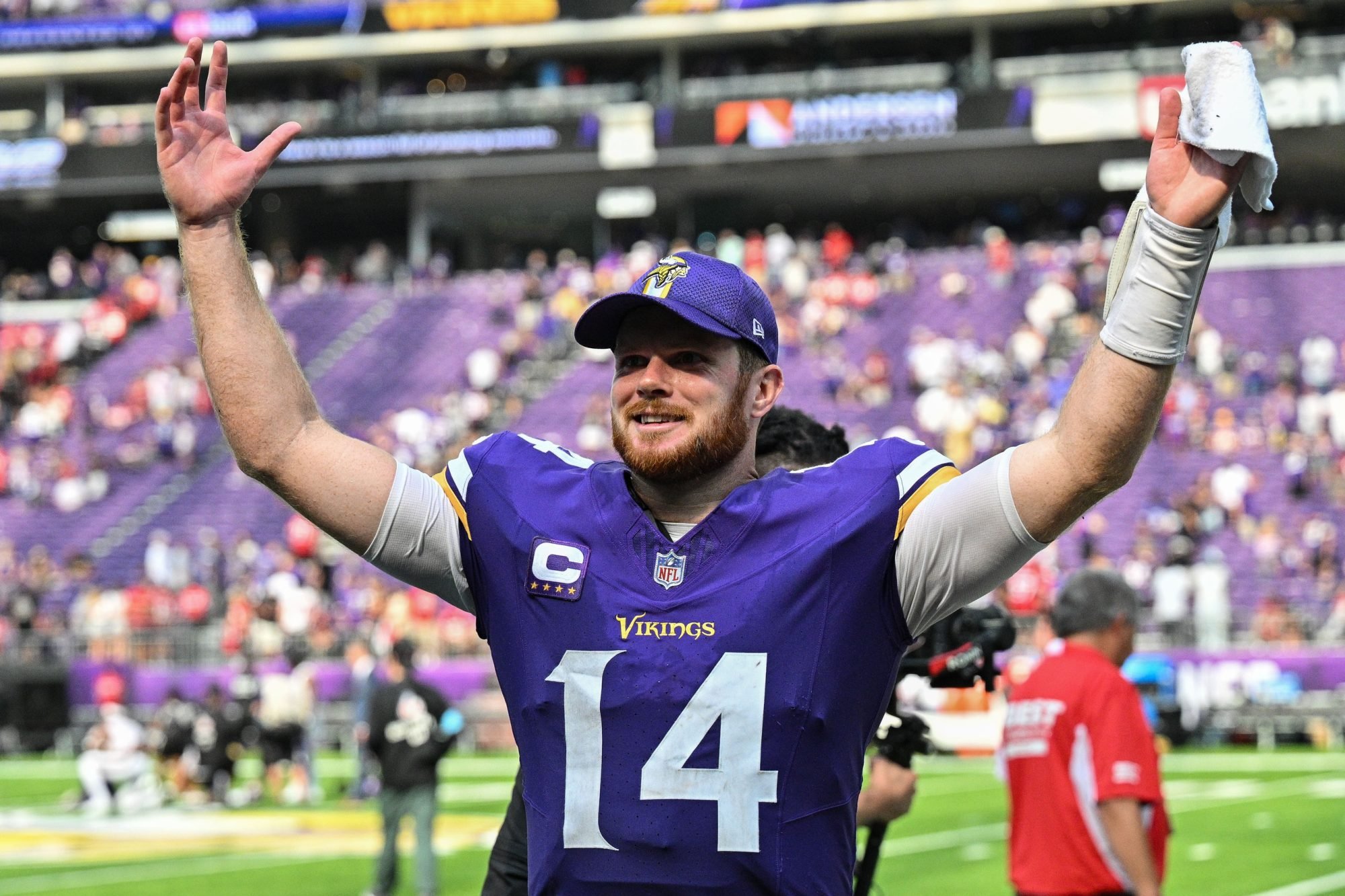 Sep 15, 2024; Minneapolis, Minnesota, USA; Minnesota Vikings quarterback Sam Darnold (14) reacts after the game against the San Francisco 49ers at U.S. Bank Stadium.