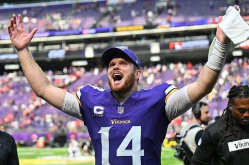 Sep 15, 2024; Minneapolis, Minnesota, USA; Minnesota Vikings quarterback Sam Darnold (14) reacts after the game against the San Francisco 49ers at U.S. Bank Stadium.