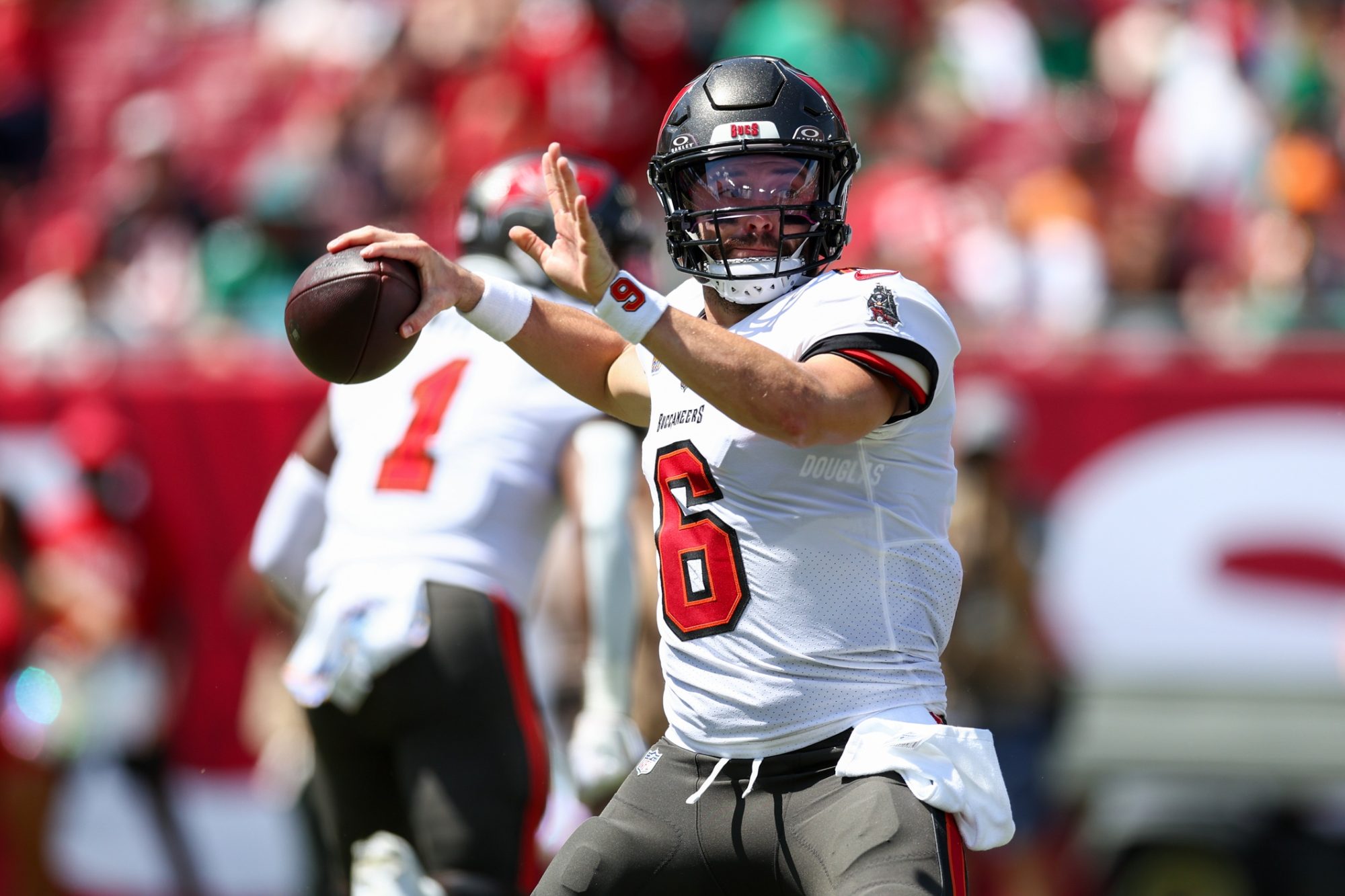 Sep 29, 2024; Tampa, Florida, USA; Tampa Bay Buccaneers quarterback Baker Mayfield (6) drops back to pass against the Philadelphia Eagles in the first quarter at Raymond James Stadium.