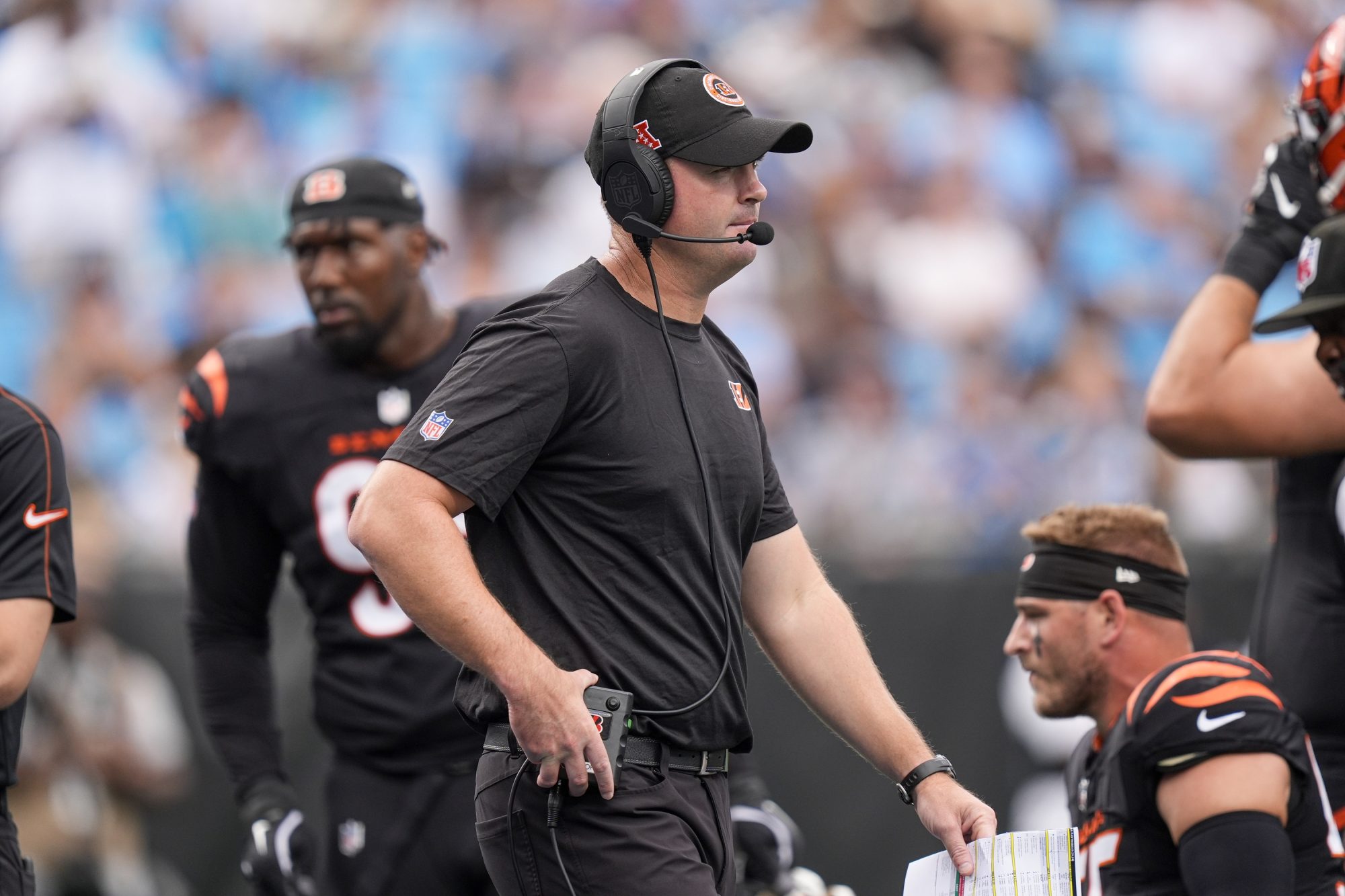 Sep 29, 2024; Charlotte, North Carolina, USA; Cincinnati Bengals head coach Zac Taylor during 1st quarter against the Carolina Panthers at Bank of America Stadium.