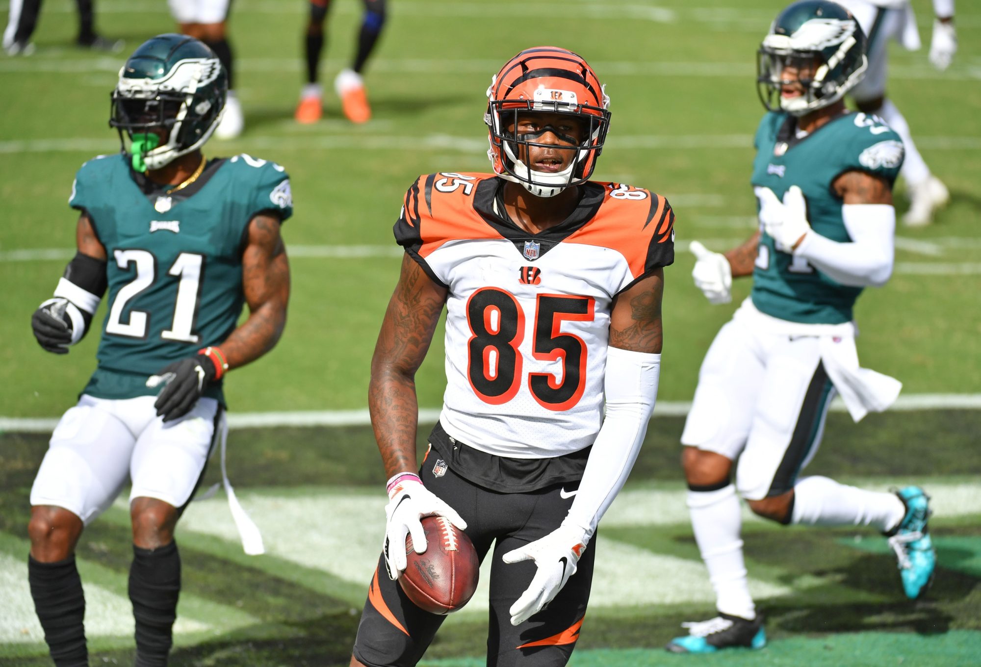 Sep 27, 2020; Philadelphia, Pennsylvania, USA; Cincinnati Bengals wide receiver Tee Higgins (85) reacts after catching a touchdown pass against the Philadelphia Eagles during the first quarter at Lincoln Financial Field.