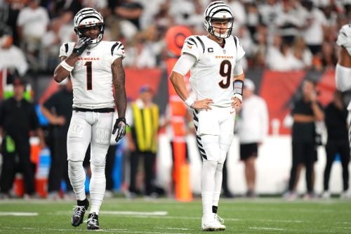 Sep 25, 2023; Cincinnati, Ohio, USA; Cincinnati Bengals wide receiver Ja'Marr Chase (1) and Cincinnati Bengals quarterback Joe Burrow (9) get set for a play in the fourth quarter during a Week 3 NFL football game between the Los Angeles Rams and the Cincinnati Bengals at Paycor Stadium.