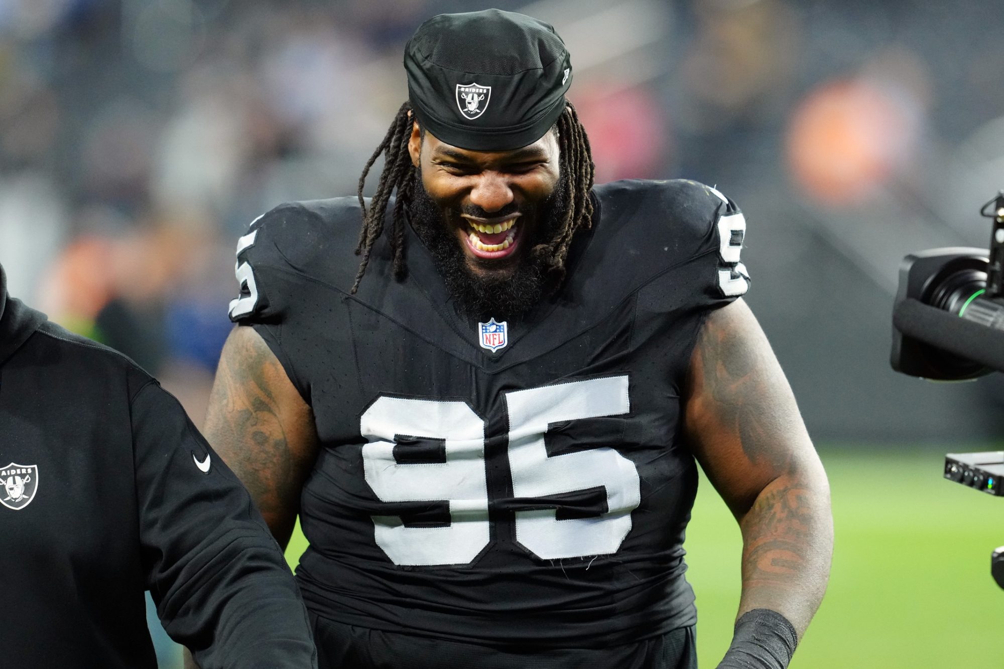 Dec 14, 2023; Paradise, Nevada, USA; Las Vegas Raiders defensive tackle John Jenkins (95) smiles after the game against the Los Angeles Chargers at Allegiant Stadium.