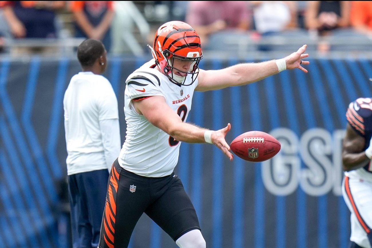 Cincinnati Bengals punter Ryan Rehkow (8) takes reps during warmups before the NFL Preseason Week 2 game between the Chicago Bears and the Cincinnati Bengals at Soldier Field in downtown Chicago on Saturday, Aug. 17, 2024.