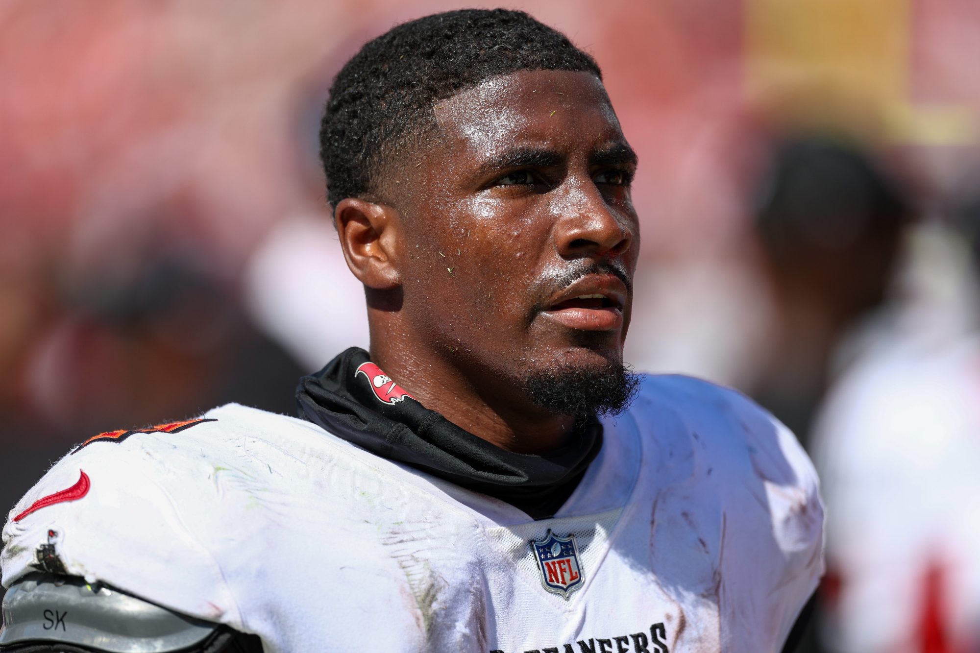 Sep 29, 2024; Tampa, Florida, USA; Tampa Bay Buccaneers running back Rachaad White (1)) looks on against the Philadelphia Eagles in the third quarter at Raymond James Stadium.