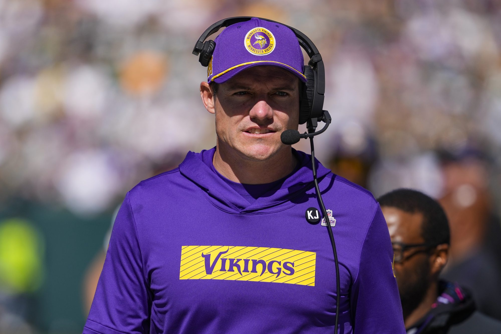 Sep 29, 2024; Green Bay, Wisconsin, USA; Minnesota Vikings head coach Kevin O'Connell during the game against the Green Bay Packers at Lambeau Field.