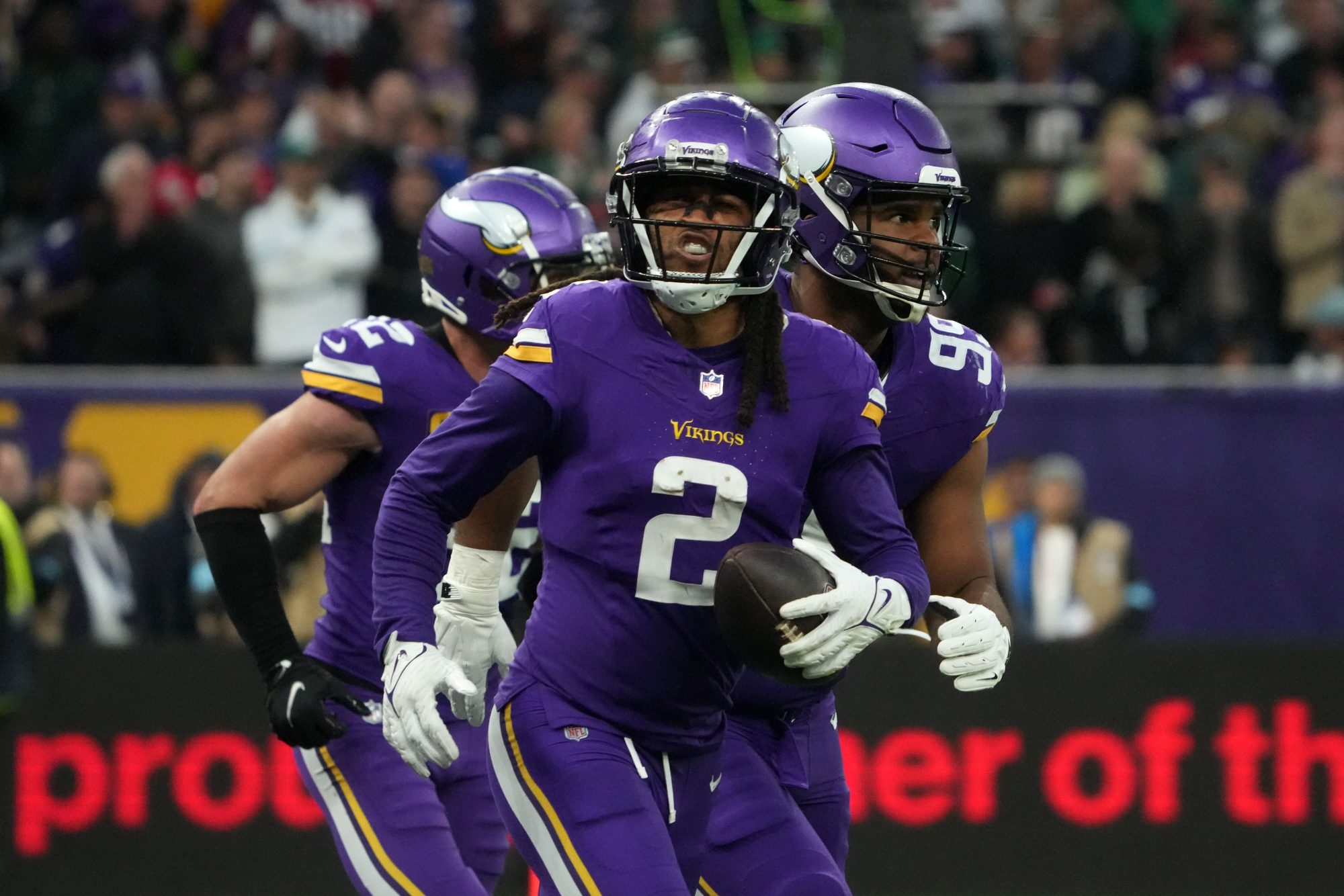 Oct 6, 2024; London, United Kingdom; Minnesota Vikings cornerback Stephon Gilmore (2) celebrates with teammates after intercepting a pass in the fourth quarter against the New York Jets at Tottenham Hotspur Stadium.