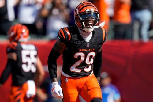 Cincinnati Bengals cornerback Cam Taylor-Britt (29) celebrates a safety in the second quarter of the NFL Week 5 game between the Cincinnati Bengals and Baltimore Ravens at Paycor Stadium in downtown Cincinnati on Sunday, Oct. 6, 2024. The Bengals led 17-14 at halftime.