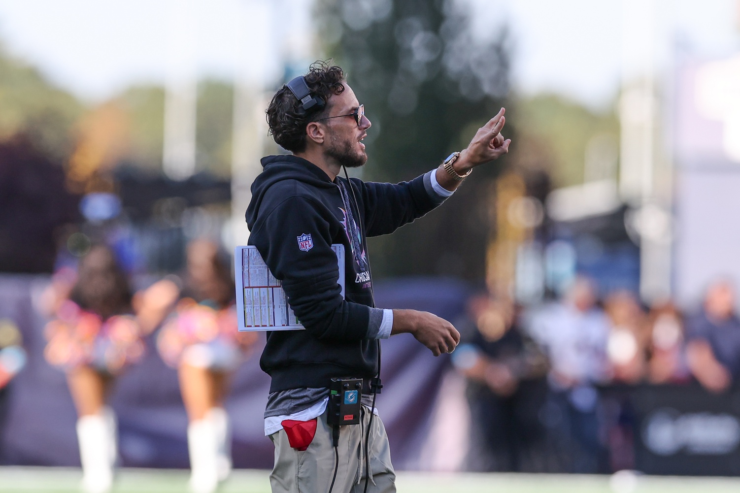 Oct 6, 2024; Foxborough, Massachusetts, USA; Miami Dolphins head coach Mike McDaniel reacts during the second half against the New England Patriots at Gillette Stadium.