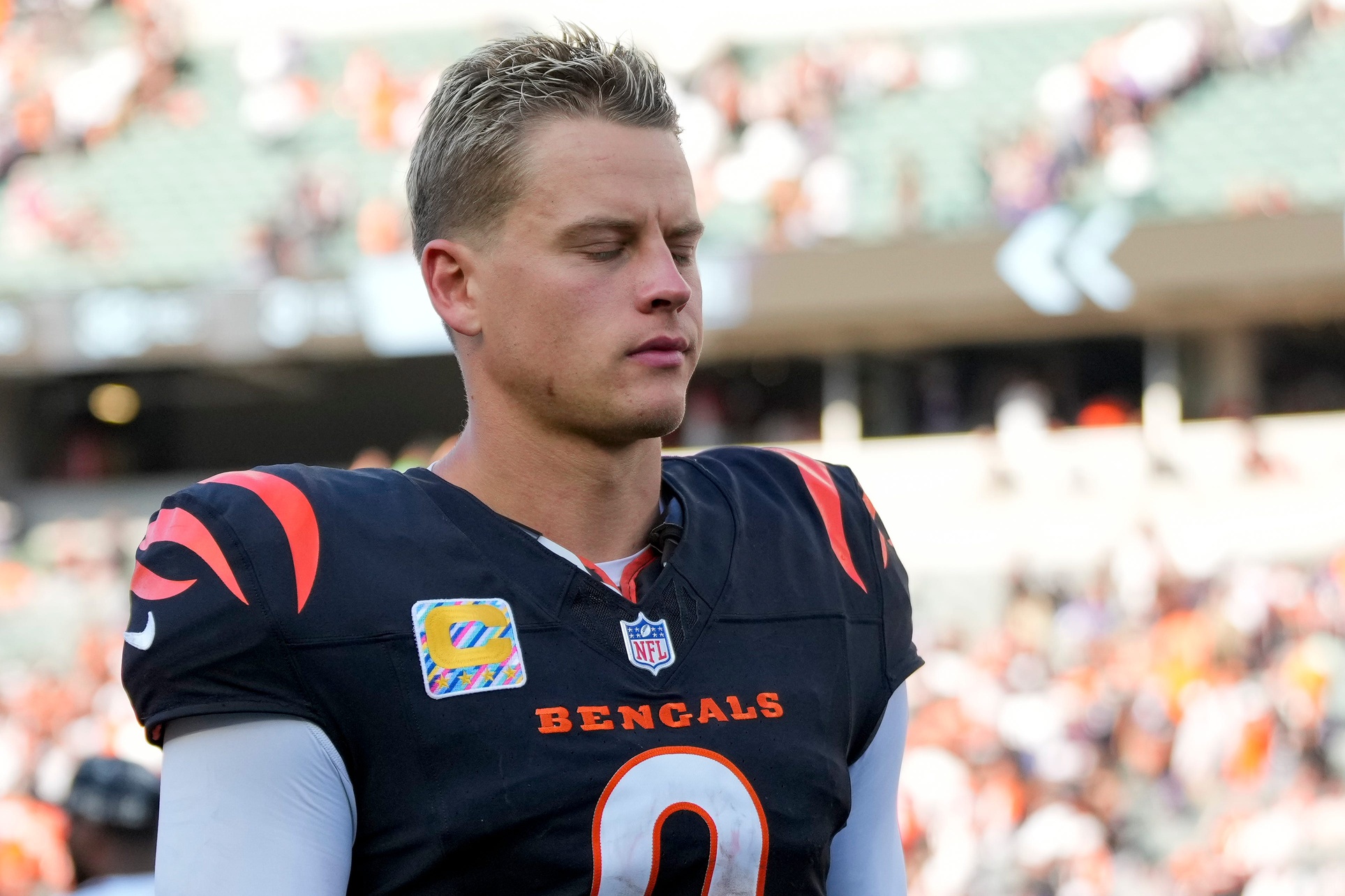 Cincinnati Bengals quarterback Joe Burrow (9) heads for the locker room after the NFL Week 5 game between the Cincinnati Bengals and Baltimore Ravens at Paycor Stadium in downtown Cincinnati on Sunday, Oct. 6, 2024. The Bengals fell to 1-4 on the season with a 41-38 loss to the Ravens.