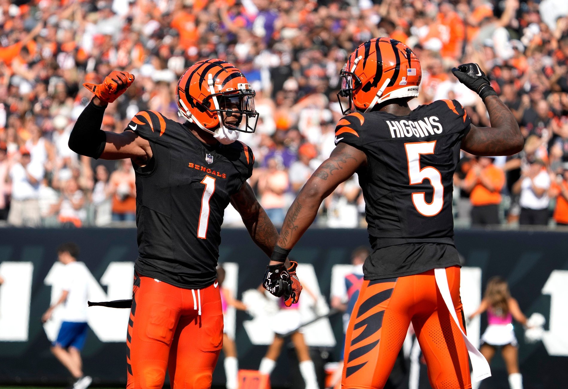 Cincinnati Bengals wide receiver Ja'Marr Chase (1) and wide receiver Tee Higgins (5) celebrate Higgins touchdown in the 3rd quarter over the Baltimore Ravens on Sunday, October 6, 2024, at Payor Stadium.