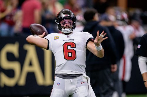 Oct 13, 2024; New Orleans, Louisiana, USA; Tampa Bay Buccaneers quarterback Baker Mayfield (6) warms up before a game against the New Orleans Saints at Caesars Superdome.