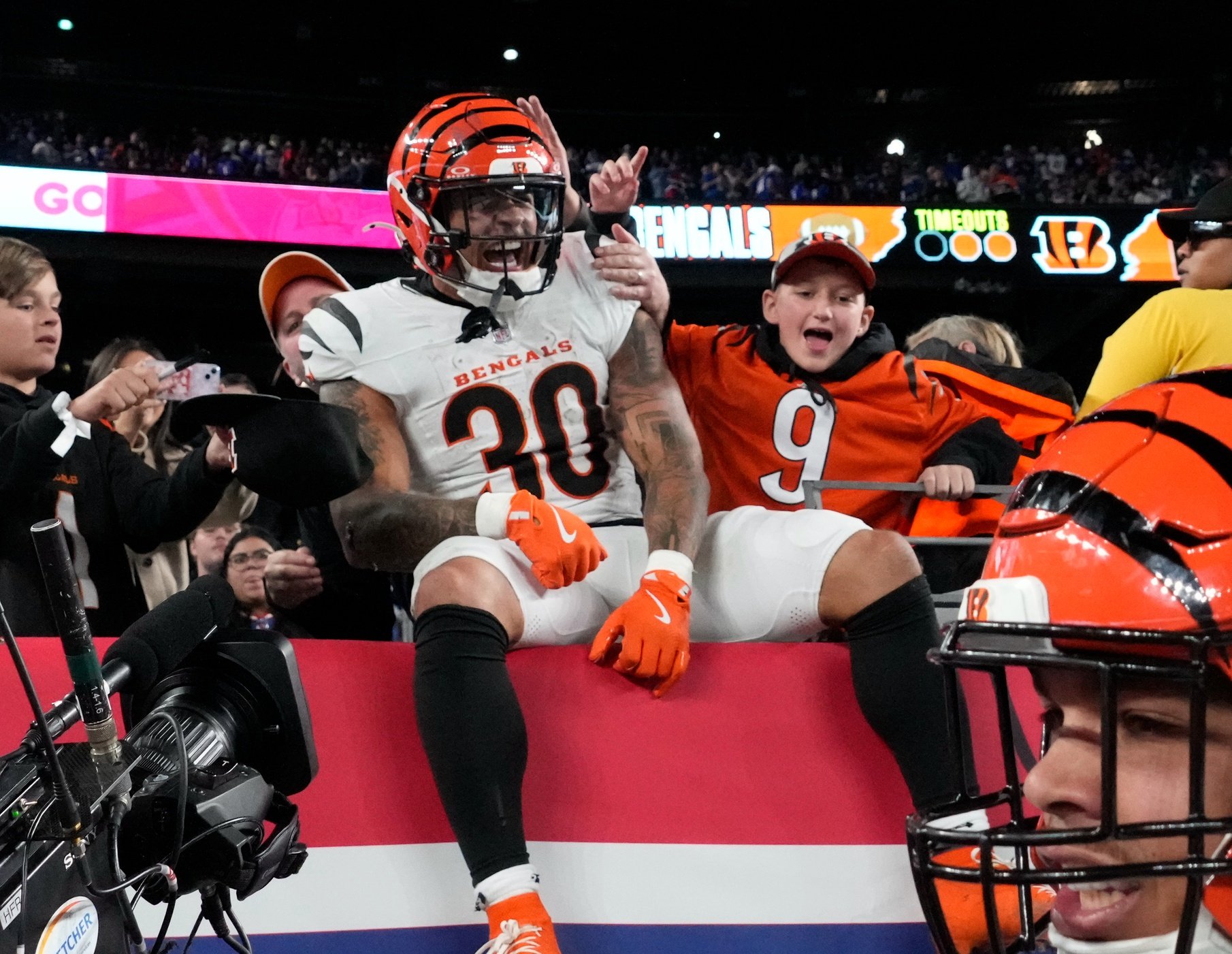 Oct 13, 2024; East Rutherford, New Jersey, USA; Cincinnati Bengals running back Chase Brown (30) after scoring a touchdown against the New York Giants inside of two minutes left in the game at MetLife Stadium.