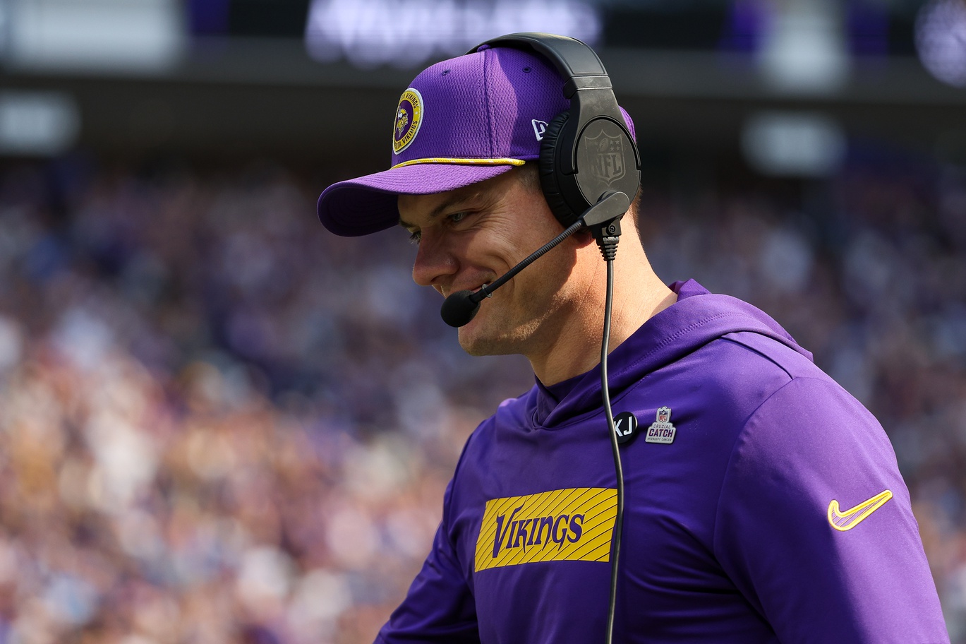 Oct 20, 2024; Minneapolis, Minnesota, USA; Minnesota Vikings head coach Kevin O'Connell reacts to running back Aaron Jones (33) touchdown during the first quarter against the Detroit Lions at U.S. Bank Stadium.