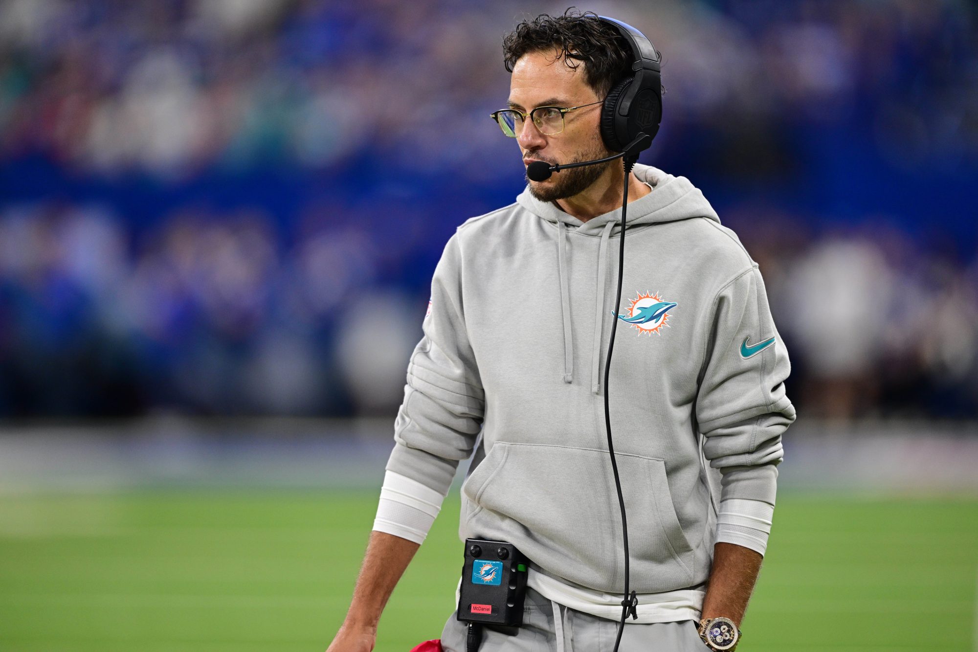 Oct 20, 2024; Indianapolis, Indiana, USA; Indianapolis Colts Miami Dolphins Head Coach Mike McDaniel walks on the sidelines before the first quarter against the Indianapolis Colts at Lucas Oil Stadium.