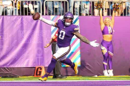 Oct 20, 2024; Minneapolis, Minnesota, USA; Minnesota Vikings linebacker Ivan Pace Jr. (0) celebrates after scoring a touchdown from a fumble recovery against the Detroit Lions during the fourth quarter at U.S. Bank Stadium.