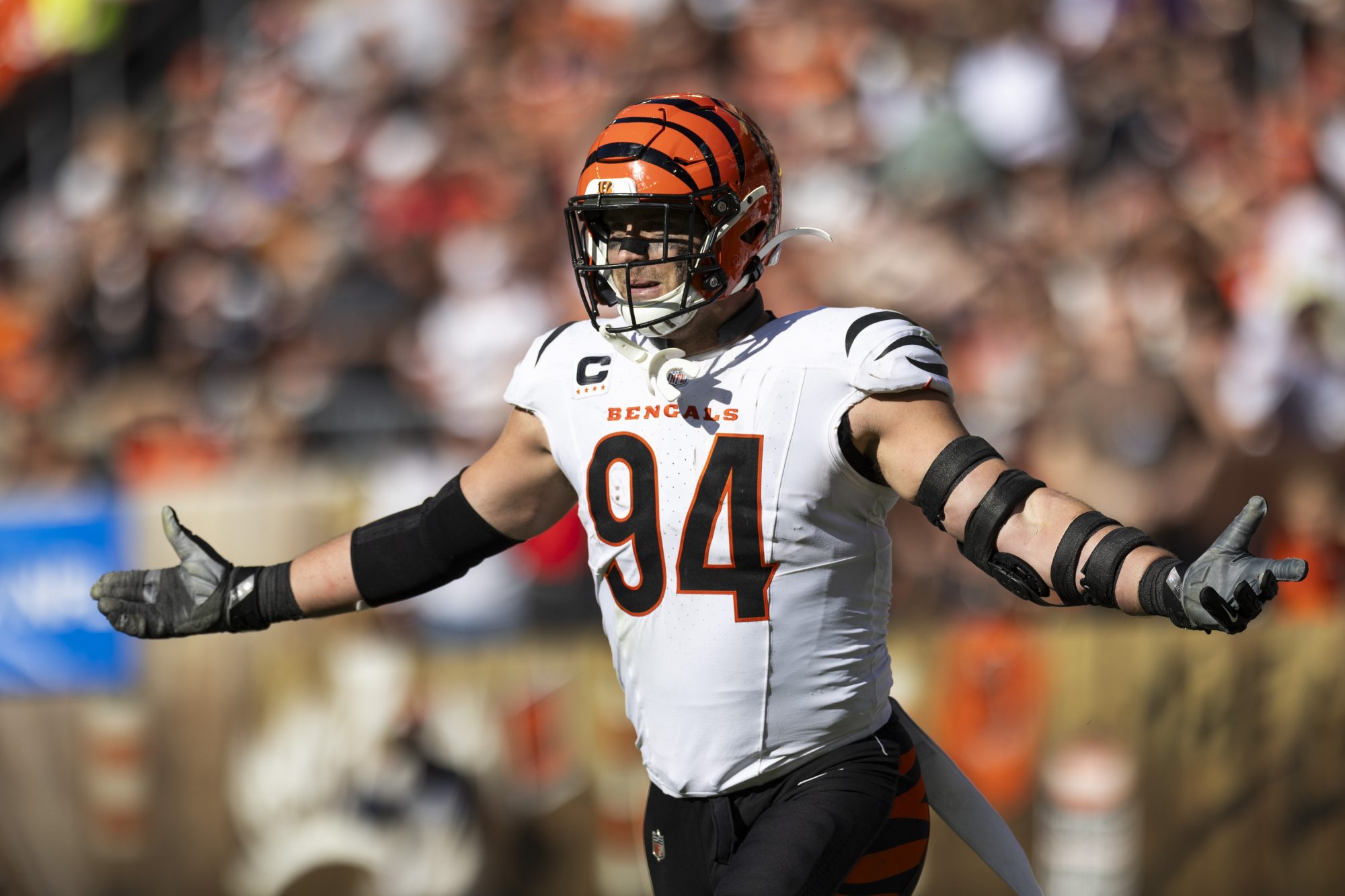 Oct 20, 2024; Cleveland, Ohio, USA; Cincinnati Bengals defensive end Sam Hubbard (94) celebrates his interception against the Cleveland Browns during the third quarter at Huntington Bank Field.