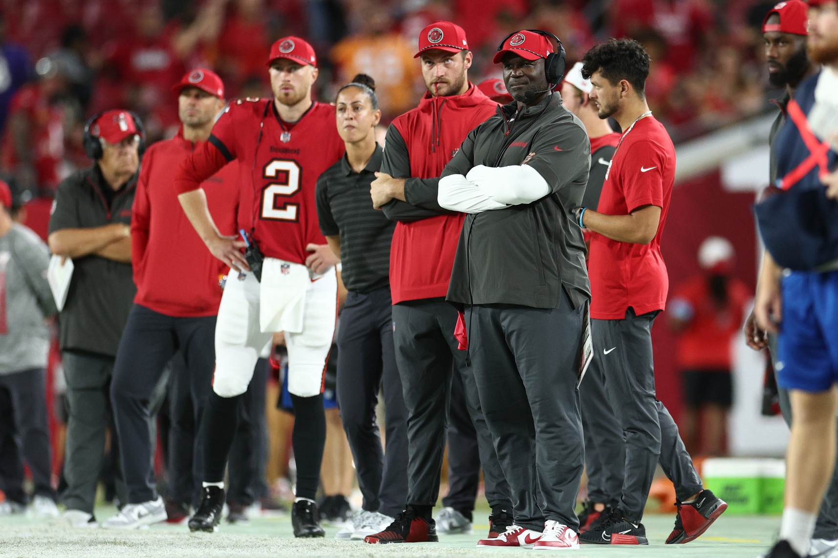 Oct 21, 2024; Tampa, Florida, USA; Tampa Bay Buccaneers head coach Todd Bowles looks on against the Baltimore Ravens in the fourth quarter at Raymond James Stadium.