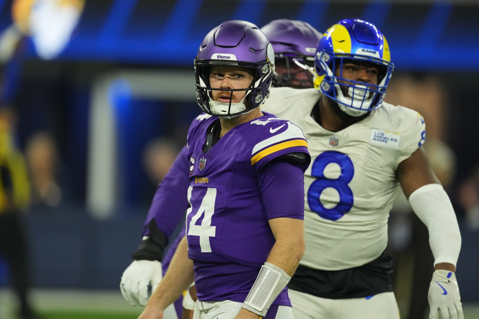 Oct 24, 2024; Inglewood, California, USA; Minnesota Vikings quarterback Sam Darnold (14) reacts against the Los Angeles Rams in the first half at SoFi Stadium.