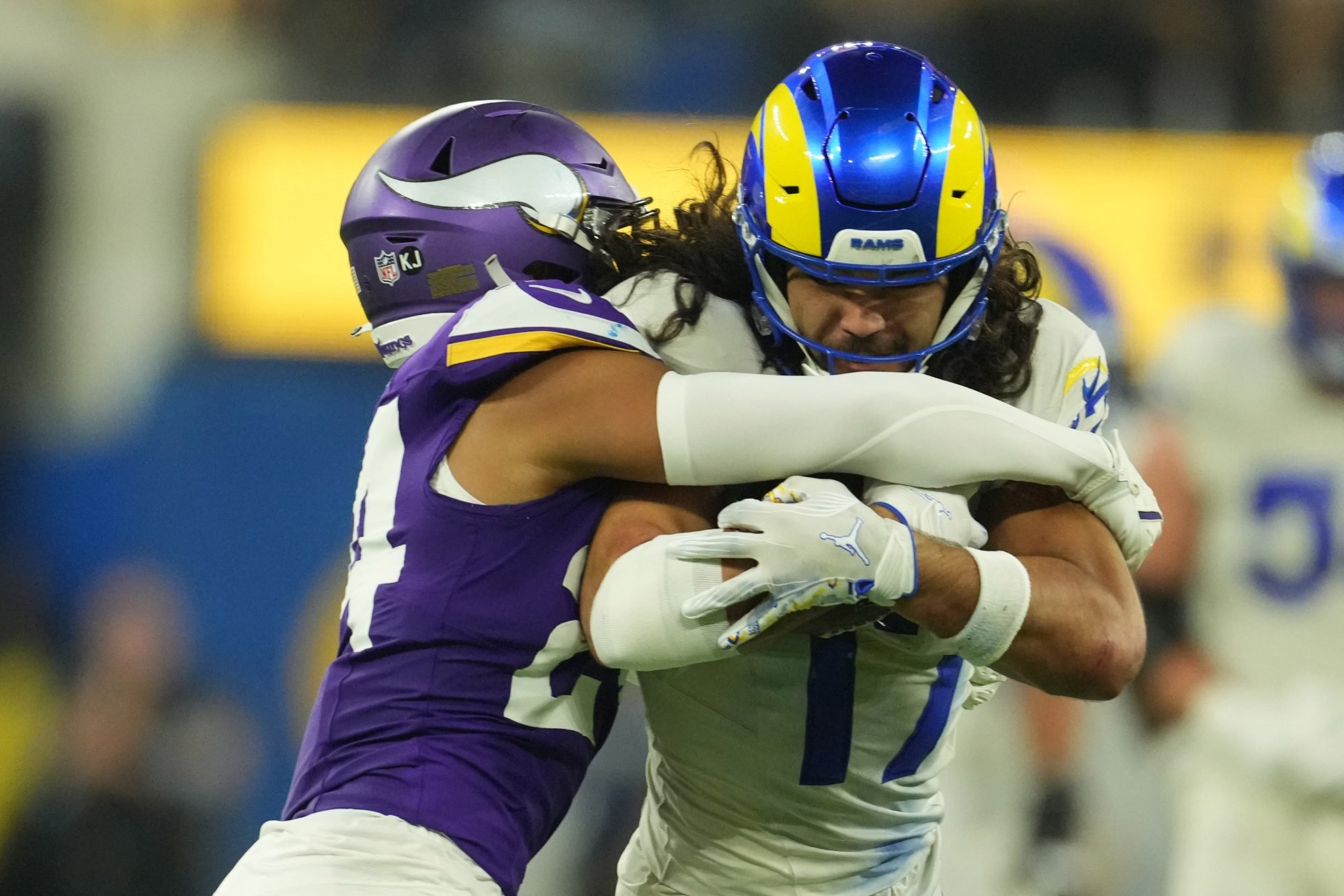 Oct 24, 2024; Inglewood, California, USA; Los Angeles Rams wide receiver Puka Nacua (17) carries the ball against Minnesota Vikings safety Camryn Bynum (24) in the second half at SoFi Stadium.