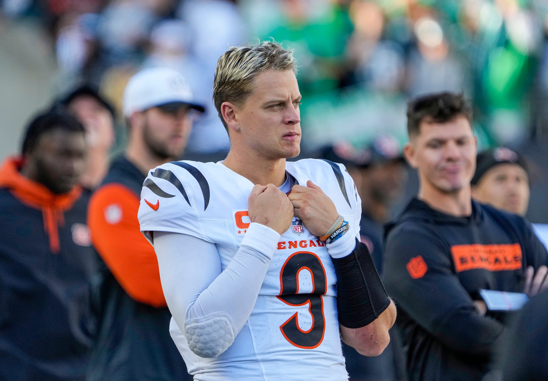 Cincinnati Bengals quarterback Joe Burrow (9) stands on the sidelines after throwing an interception in the 4th quarter at Paycor Stadium on Sunday October 27, 2024. The Bengals lost to the Philadelphia Eagles 37-17 and remain winless at home.