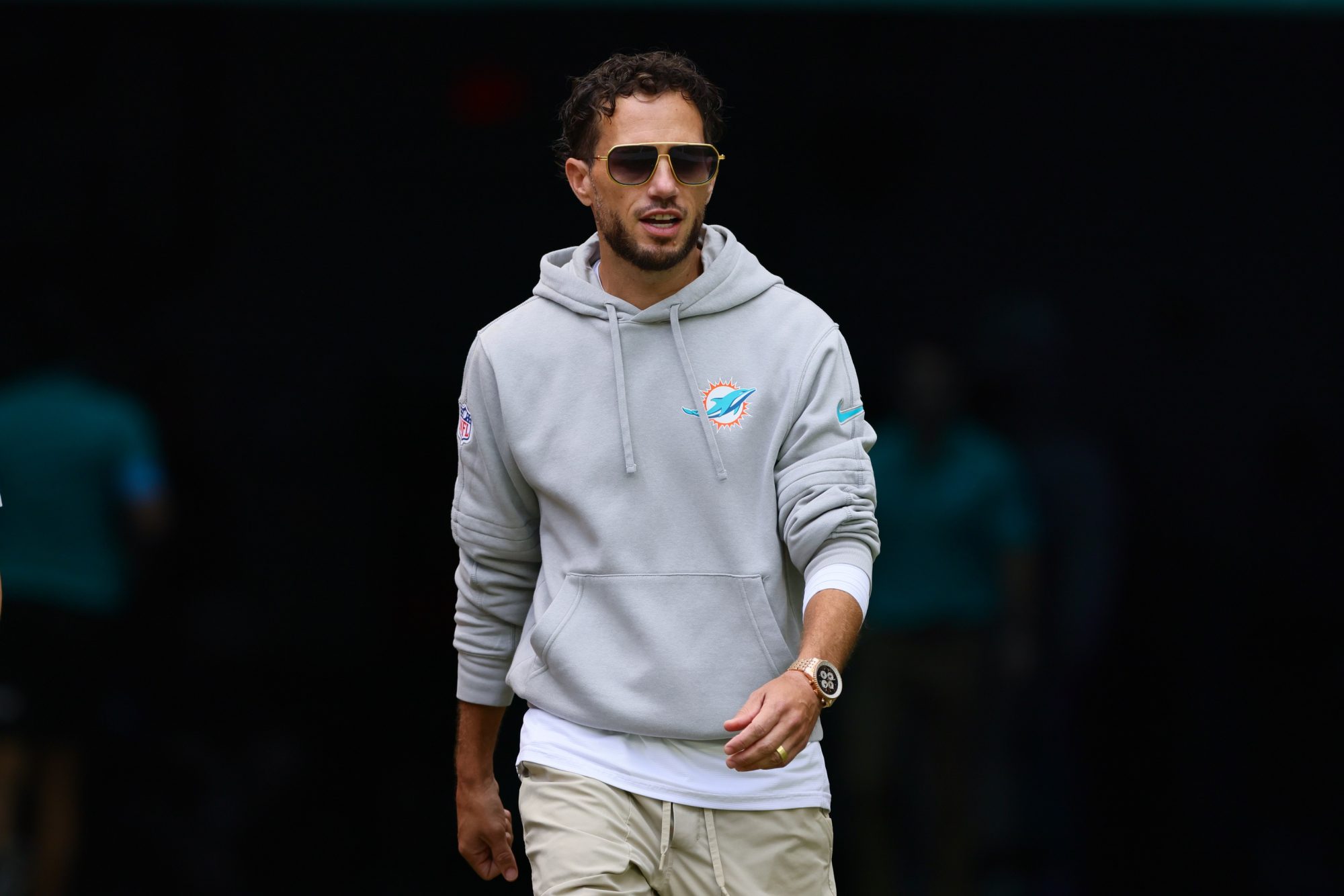 Oct 27, 2024; Miami Gardens, Florida, USA; Miami Dolphins head coach Mike McDaniel enters the field before the game against the Arizona Cardinals at Hard Rock Stadium.