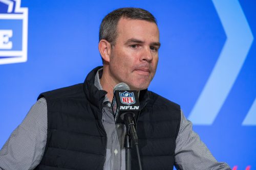 Feb 28, 2023; Indianapolis, IN, USA; Buffalo Bills general manager Brandon Beane speaks to the press at the NFL Combine at Lucas Oil Stadium.