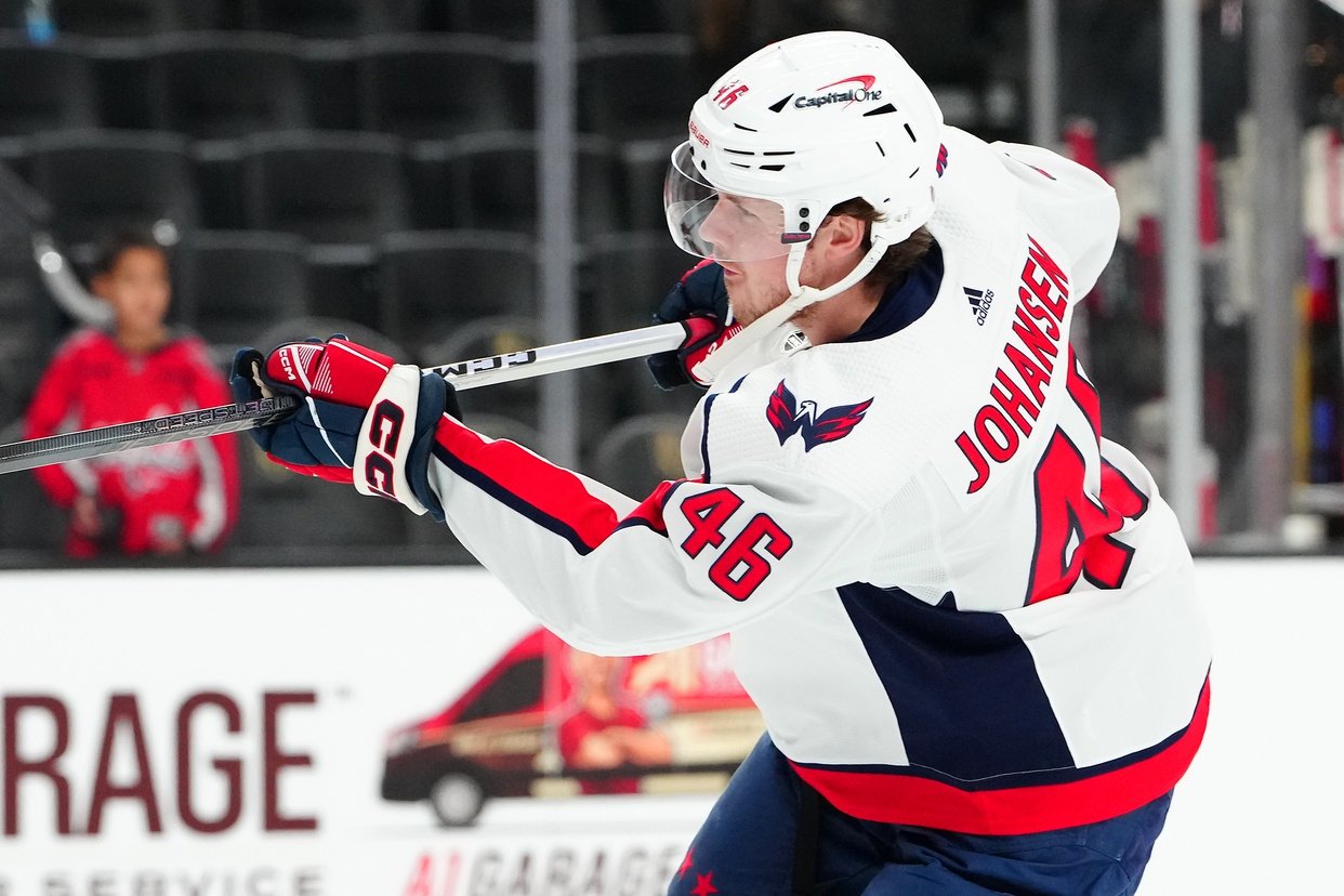 Dec 2, 2023; Las Vegas, Nevada, USA; Washington Capitals defenseman Lucas Johansen (46) warms up before a game against the Vegas Golden Knights at T-Mobile Arena.